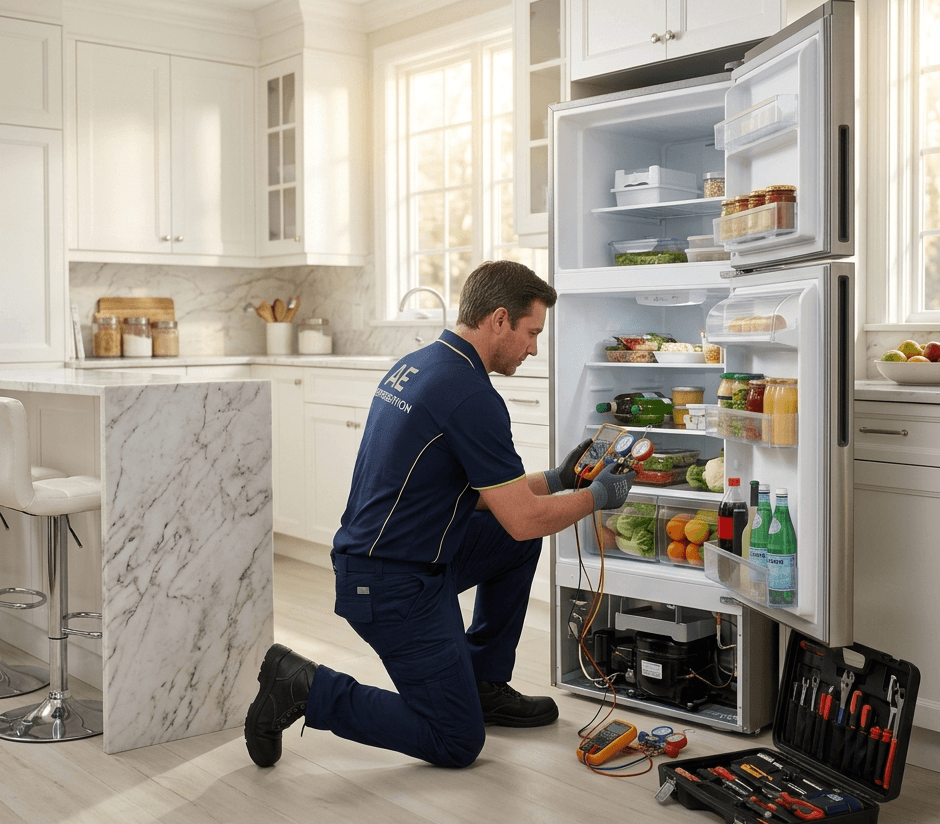 Technician inspecting the compressor and condenser of a refrigerator